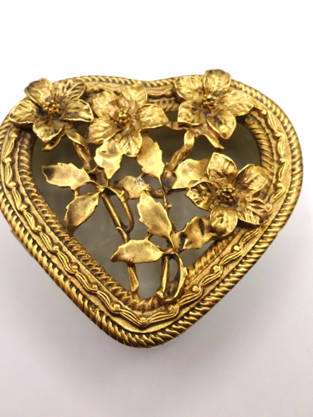 Vintage Heart Trinket Box Brass appearance Floral Filigree Lid W/ Porcelain Box